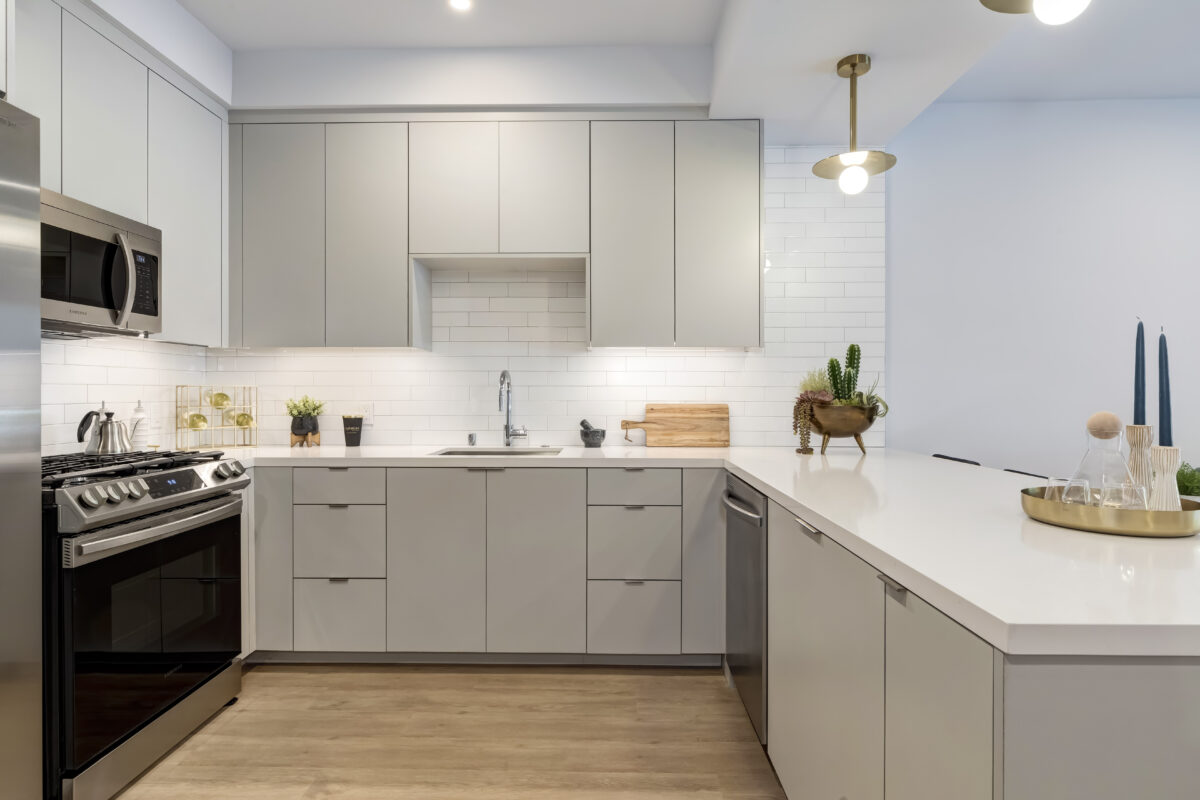kitchen with white cabinets and appliances