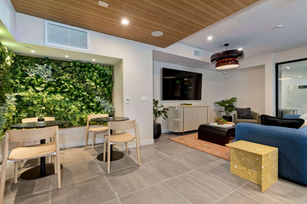 Clubhouse lounge with sofas and TV